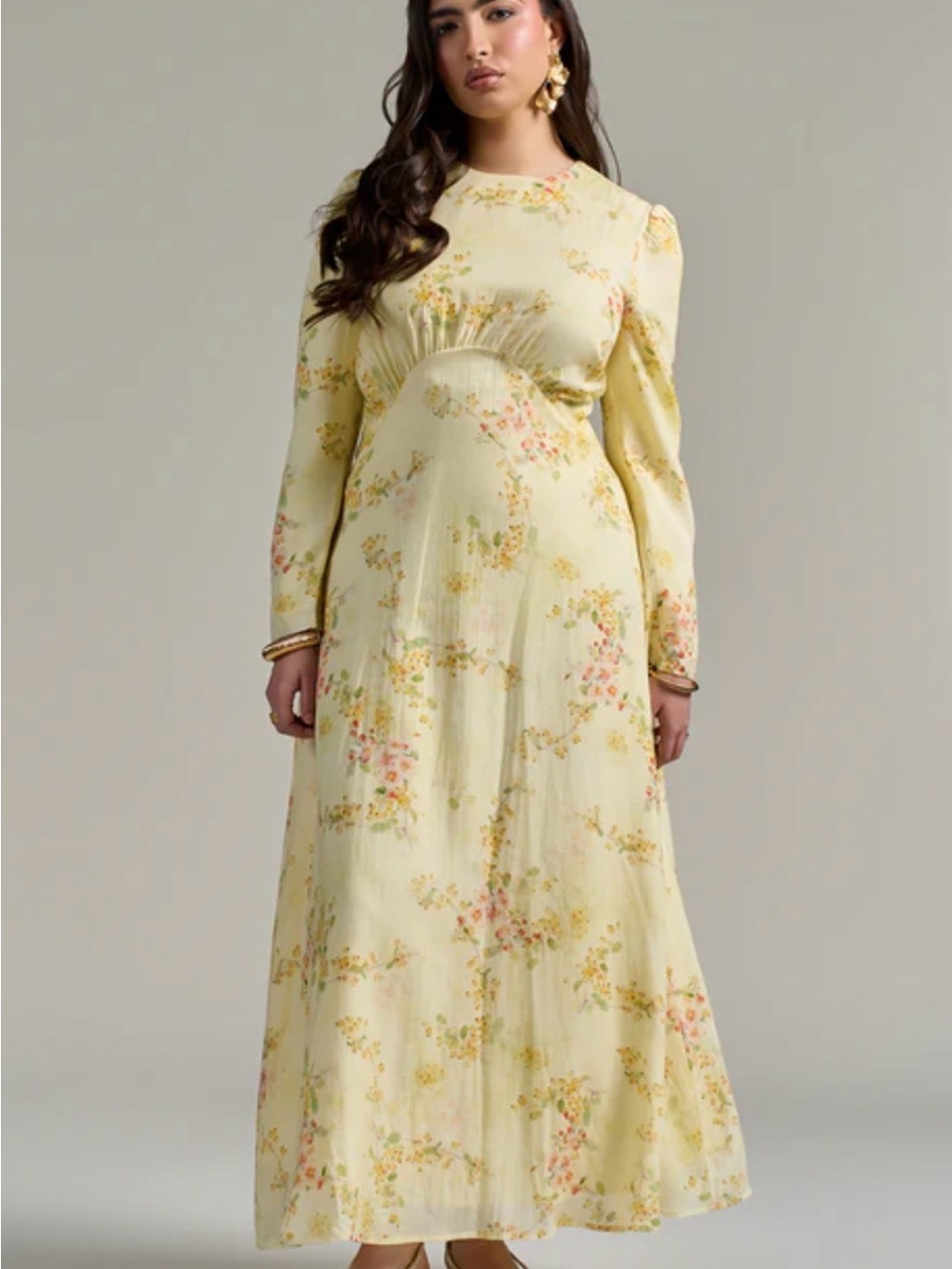 Soft Yellow Floral Maxi Dress with Long Sleeves